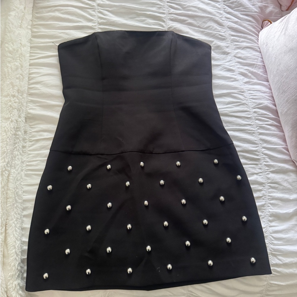 Strapless Black Pearl-Stud Mini Dress